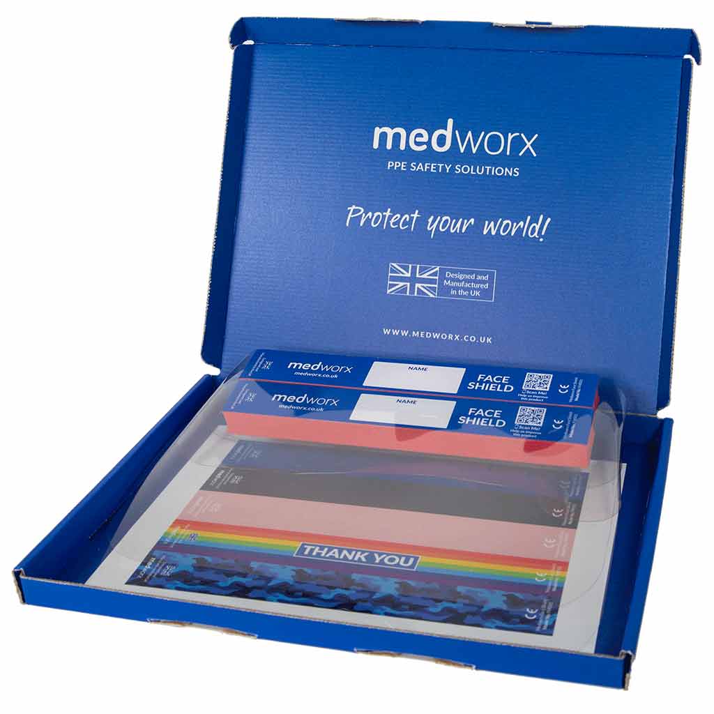 Medworx PPE face shield pack containing 2 face shields and 1 sticker sheet for personalisation within a Medworx blue box.